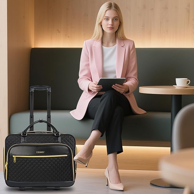 Ytonet Rolling Teacher Bag, Rolling Briefcase for Women, 17.3 Inch Rolling Laptop Bag with Lock, Water Rresistant Wheeled Computer Bag, Roller Bags for Work Travel Overnight, Black