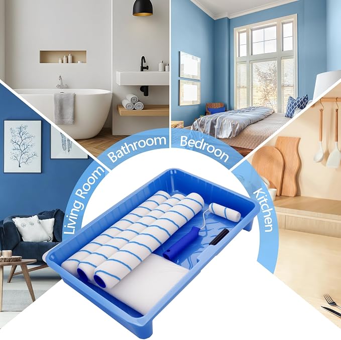 18 Inch Paint Roller Kit, 14 Pack Paint Roller Set with 2-4 Ft Extension Pole, Paint Tray Liners with Plastic Sheeting for Painting Walls Ceilings House Corner Stain