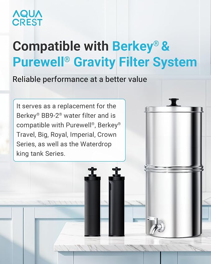 AQUA CREST Gravity Water Filter, Replacement for Berkey® BB9-2® Black Carbon Filter, Compatible with Purewell®, ProOne®, Waterdrop Gravity Water Filter System, NSF/ANSI 42&372 Certified, 2 Pack