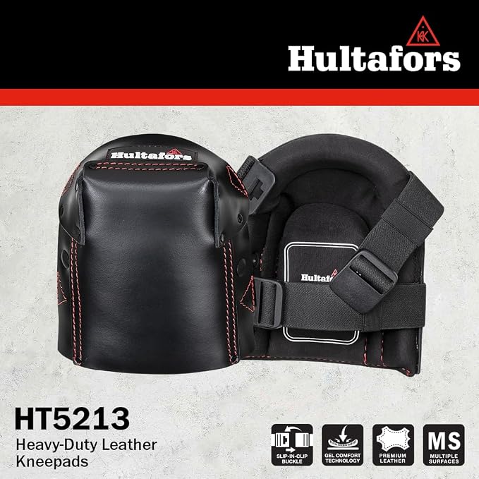 Hultafors Work Gear HT5213 Heavy-Duty Riveted Gel Leather Kneepads for Work with Thick Layered Gel Cushion, High Density Closed-Cell Foam and Neoprene Padding, Slip-in-Clip Buckle Fastener
