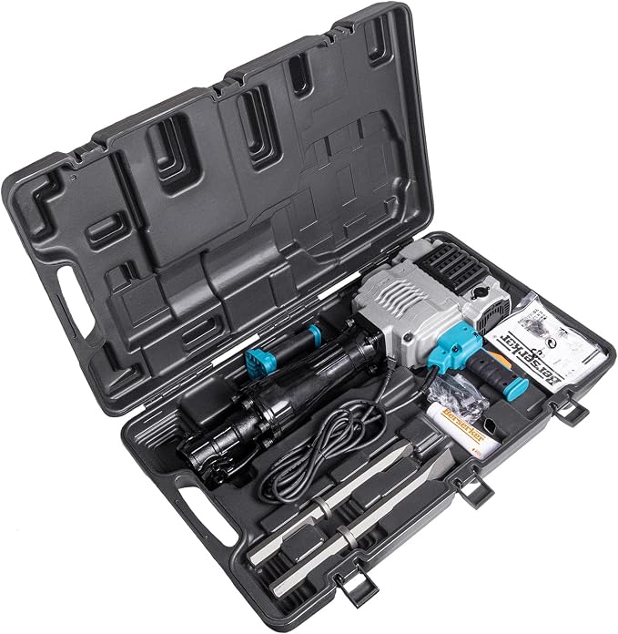 Berserker 2100W 55-Pound Demolition Jack Hammer 125KD with 1-1/8" Hex,17Amp | Full-Size Heavy duty Corded Electric Concrete/Pavement Breaker with Wheeled Carrying Case, Flat Chisel, Bull Point Chisel