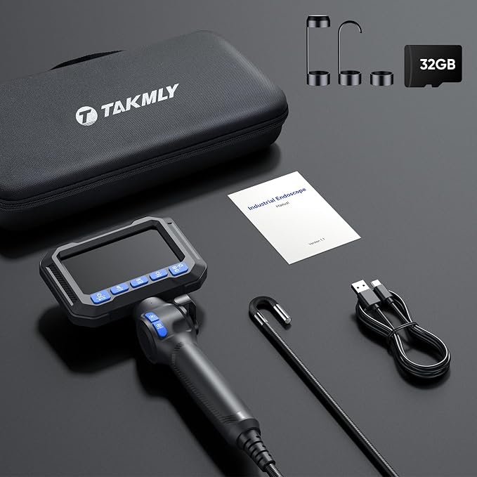 T Takmly Two-Way Articulating Borescope with Light, 210° Steerable 1080P Endoscope Camera, 0.23inch Semi-Rigid Snake Scope, 4.3" IPS Screen, 32GB, 5.5FT for Automotive Engine HVAC Wall Mechanics