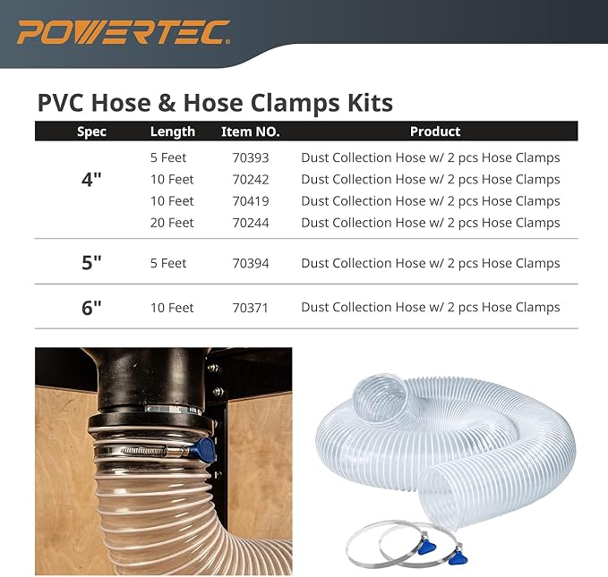 POWERTEC 4" x 20' Flexible PVC Dust Collection Hose with 5pcs Stainless Steel Key Hose Clamps for Table Saw, Band Saw, Planer, Jointer, Woodworking and Garage, Woodshop Dust Collection System (70455)