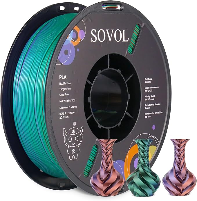 Sovol Silk PLA Filament Tri Color Co-Extrusion 1.75mm, 3D Printer Filament 1kg/ 2.2lbs, Shiny Silk Copper Purple Green 3 in 1 Coextrusion PLA Material +/-0.03mm