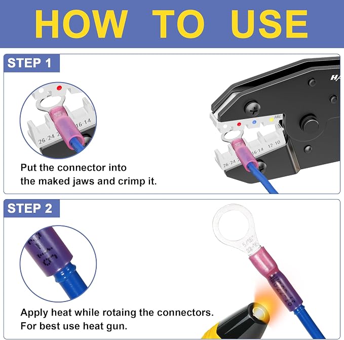 haisstronica Crimping Tool For Heat Shrink Set with 200PCS AWG 22-10 Marine Grade Butt Connectors and Wire Stripper