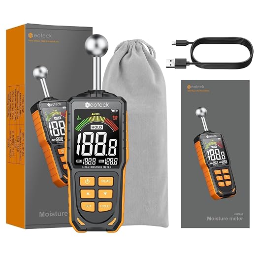 Neoteck Spherical Inductive Moisture Meter 5-40mm Analysis Depth Pinless Moisture Meter with 3-Color LCD Indicator,USB Rechargeable Wood Meter Light and Buzzer Alarm for Wall,Wood,Masonry,Concrete