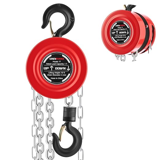 CREWORKS Hand Chain Hoist, 1 Ton 2200 lb Capacity 10 ft Manual Chain Hoist with G80 Load Chain & Galvanized Hand Chain, Heavy Duty Manual Lever Hoist for Construction Warehouse Automotive Factory