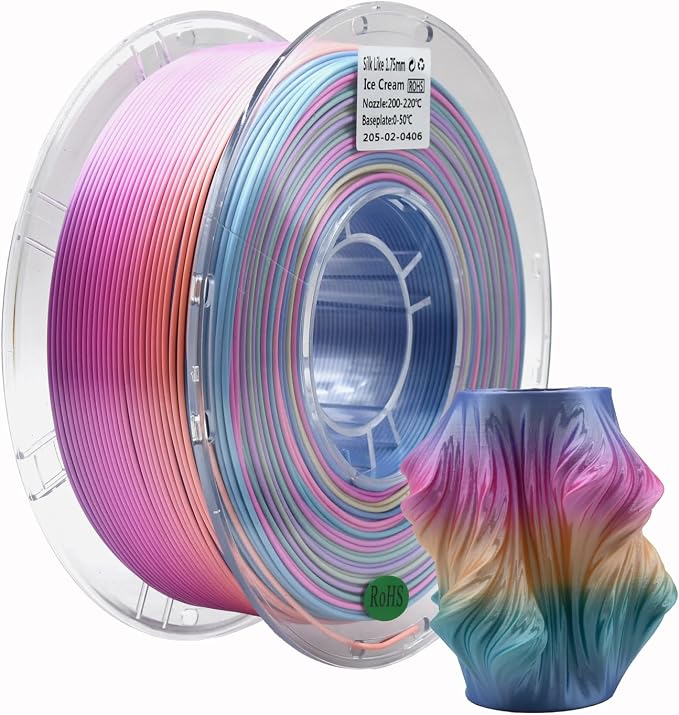 Rainbow PLA 3D Printer Filament 1.75mm, 1kg Spool, Multi-Color High-Saturation Gradient PLA, Smooth Color Transitions, ±0.03mm Precision, Easy Printing, Ideal for Artistic Models,Ice Cream