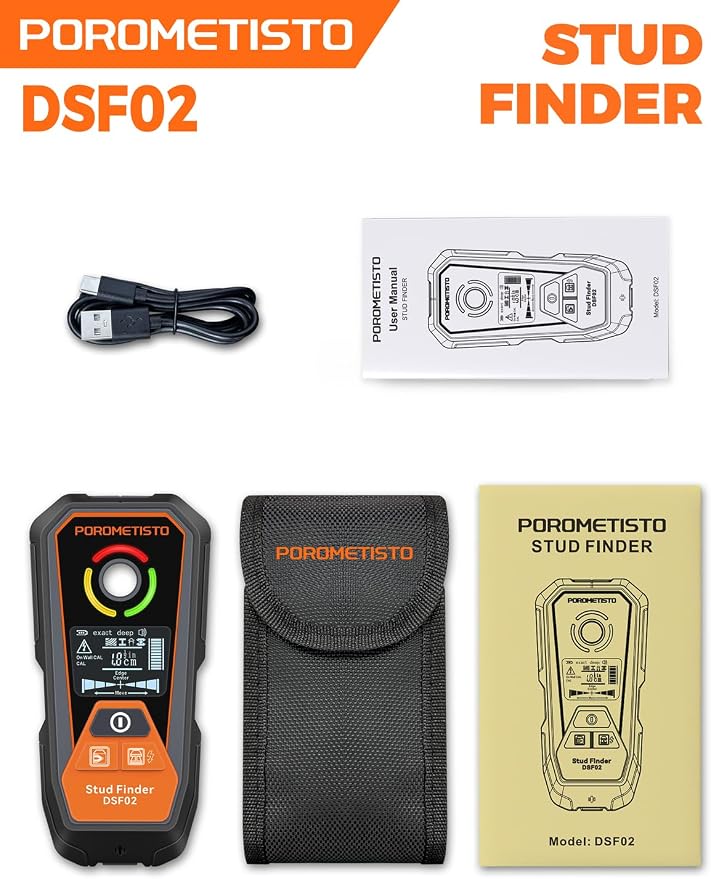 Rechargeable 6 in 1 Stud Finder Wall Scanner POROMETISTO, Positioning Hole for Pipe Wood Studs, Live Wire Detector for Electricians, Ferrous Metals Non-Ferrous Metals, Alarm Wall Detector