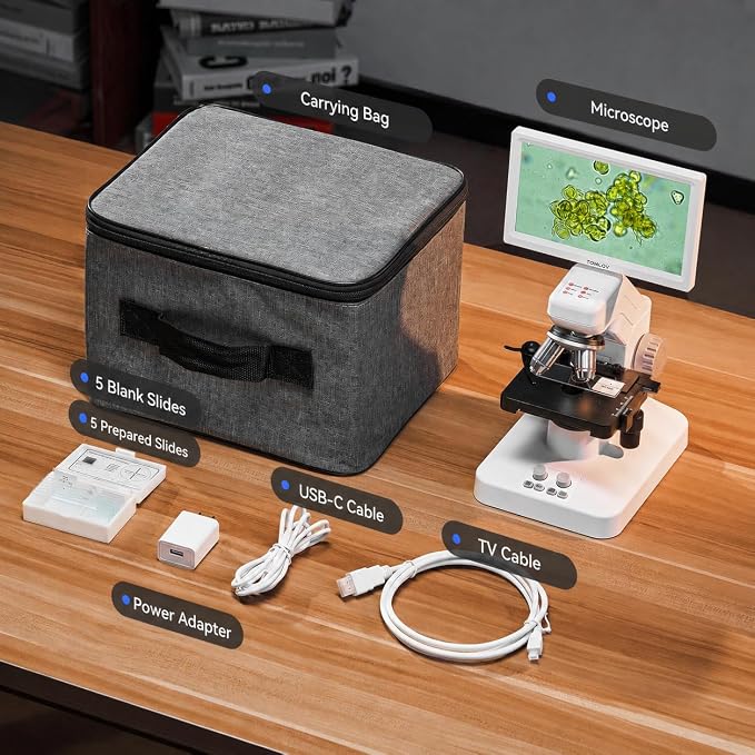 TOMLOV DM301 Max Microscope for Kids Students Adults with X-Y Stage, Digital Microscope Camera with 7" Screen, TV & PC Display, Wireless Biological Lab Scope for School Home Education with Slides