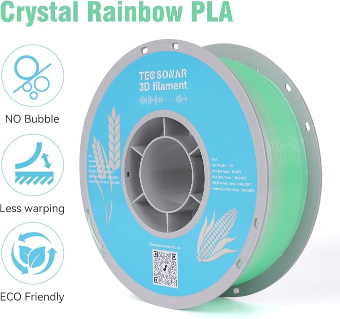 Crystal Rainbow PLA 3D Printer Filament Bundle, 4 Rolls,1KG Spool(2.2lbs) 1.75mm Gradient Filament for Most FDM 3D Printers,4 Different Crystal Rainbow Colors