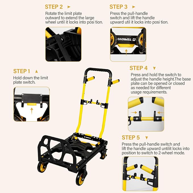 Folding Hand Truck Dolly, 330 lbs Heavy Duty Convertible 2-in-1 Dolly Cart with 3-Level Adjustable Handle, 360° Swivel Handle & Tool Bag for Moving, Shopping, Warehouse & Garage
