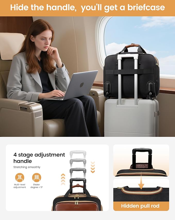 LOVEVOOK Rolling Laptop Bag Women, Briefcase for 17.3 Inch with Wheels Computer Case Work Travel Business,V Quilted-Black-Brown