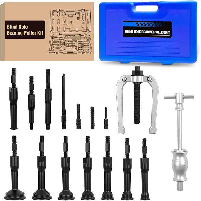GOOACC 16pcs Blind Hole Bearing Puller Kit, Slide Hammer Pilot Insert Inner Internal Removal Tool Blind Hole Collet Bearing Set, Heavy Duty Blind Bearing Race and Seal Puller Extractor Kit Blue Case