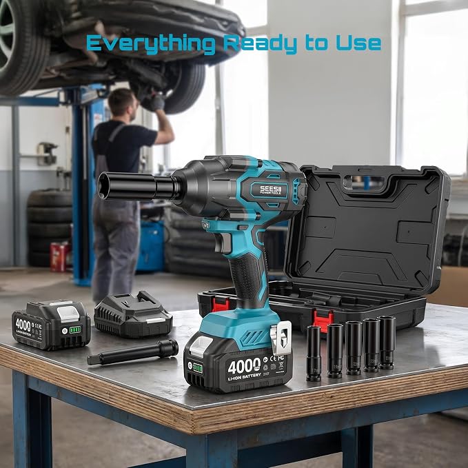 Seesii 1000N.m (738ft-lbs) Cordless Impact Wrench High Torque,1/2" Brushless Impact Gun w/Two 4.0Ah Battery,Fast Charger, 5 Sockets & Storage Case, Electric Impact Wrench for Car Truck,WH760