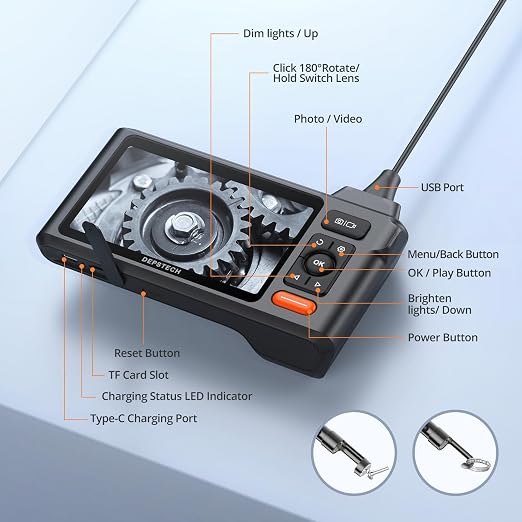 DEPSTECH 50FT Endoscope Camera with Light: Triple Lens 5" IPS Screen Sewer Inspection Camera, 1080P Industrial Borescope, Split Screen, Semi-Rigid Cable, Waterproof Drain Pipe Tool, Carrying Case