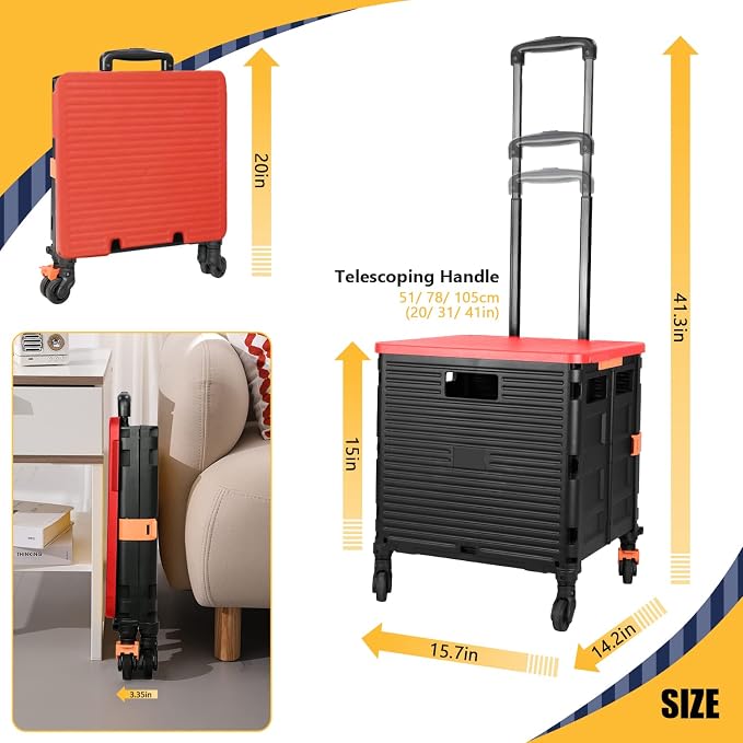 Foldable Utility Cart Rolling Crate Handcart 110lbs Large Capacity Shopping Cart with 360°Rotate Noiseless Wheels & Telescoping Handle for Transports Groceries Office School Use(Red)