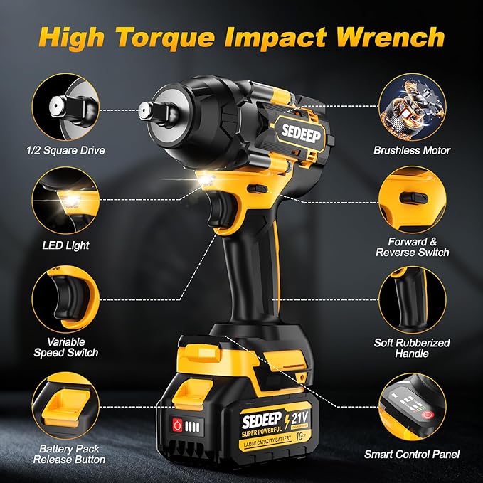 Impact Wrench 1/2 Inch, High Torque Impact Gun with 1500N·m(1100 Ft-lbs), 21V Brushless Electric Impact Wrench with 2 * 40Ah Battery, 5 Sockets for Car/Mower/Pickup/Truck RV(Amber yellow)