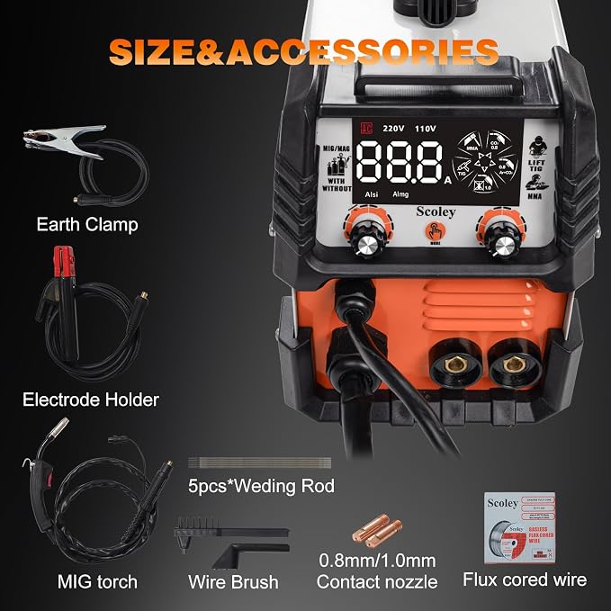 5-in-1 MIG Welder 110V/220V, 180A Aluminum Welder/Gas MIG/Flux Core Welder/Lift TIG/Stick Welding Machine with IGBT Inverter Synergic Control, Large Digital Display, Welding Gloves & Mask
