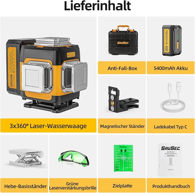 Laser Level 360 Self Leveling, 3 x 360 Self-Leveling Cross Line Laser 3D Green Laser Level for Construction and Picture Hanging, Rechargeable Li-ion battery, Hard Carry Case Included SZ03DG