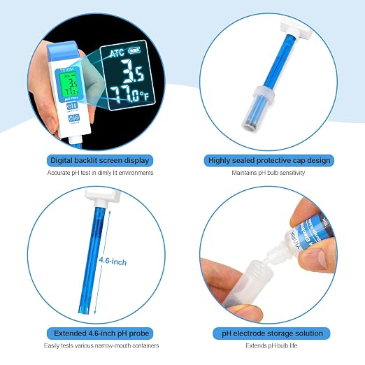 pH Meter for Water Digital pH Tester with 4.6in pH Probe Lab pH Gauge pH Reader with ATC for Canning Professional pH Temperature Test Kit for Narrow-Necked Bottle Solution Kombucha and Home Brewing