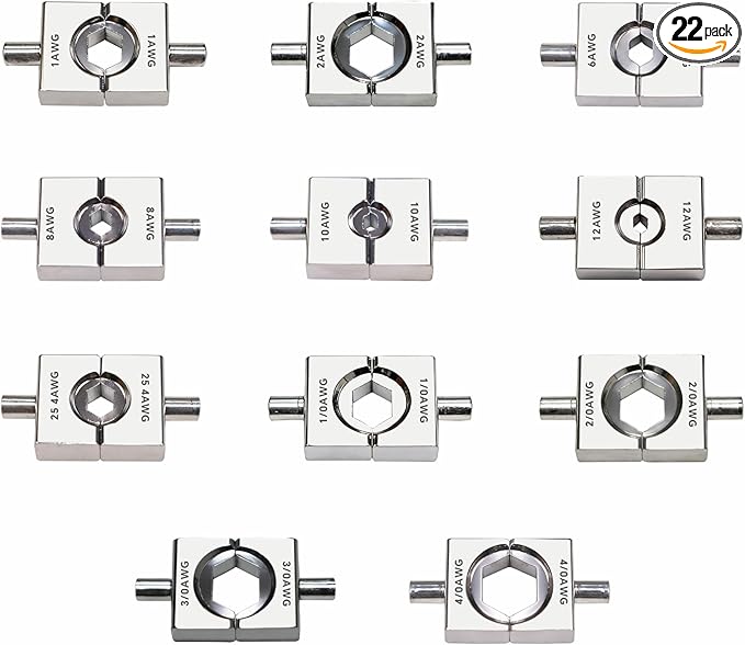 11 Pairs Hydraulic Crimper Dies Set for YQK-70, US Standard 12 AWG to 4/0 AWG, Heavy Duty Hexagonal Crimp Dies for Battery Terminals and Electrical Lugs (Dies Only)