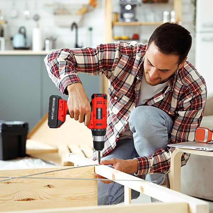 FADAKWALT Cordless Drill Set, 20V Electric Power Drill With Battery And Charger, 30N Torque, 21+1 Settings, 3/8-Inch Keyless Chuck, Driver Bits Kit, LED Light (Red)