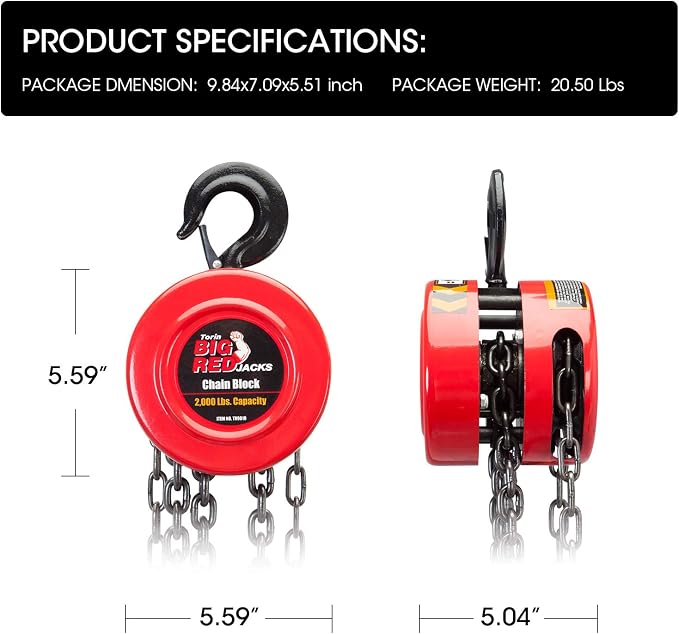 Big RED TR9010-3 Torin Manual Hand Chain Hoist with 2 Heavy Duty Hooks for Warehouse Automotive Machinery, 1 Ton (2,000lb) Capacity, 8ft/2.5m Red