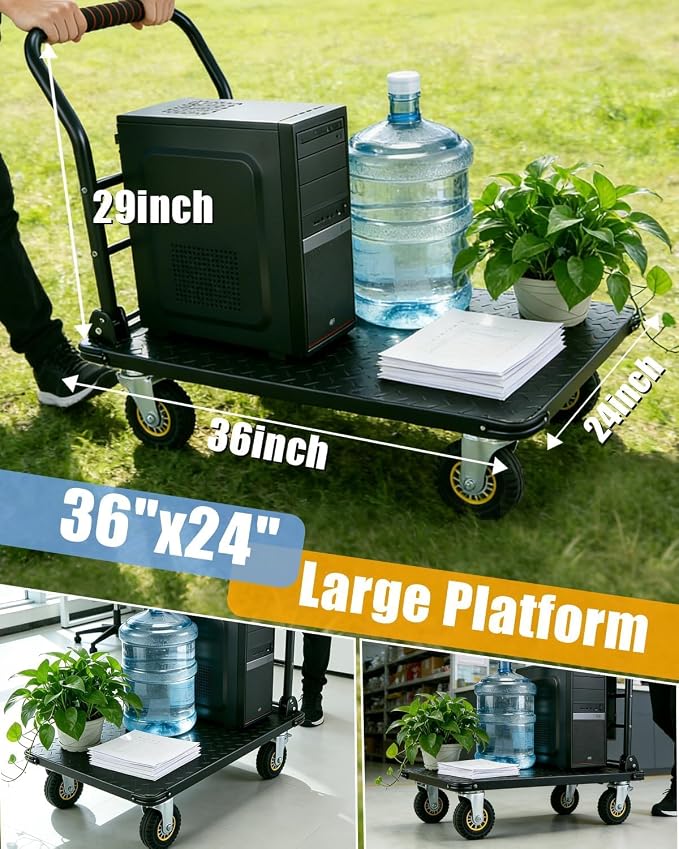 Garvee 1800LBS Platform Truck Cart, 36"x24" Large Utility Push Cart with 6" Swivel Wheels with Brakes, Foldable Hand Truck for for Groceries,Garage,Warehouse, Black