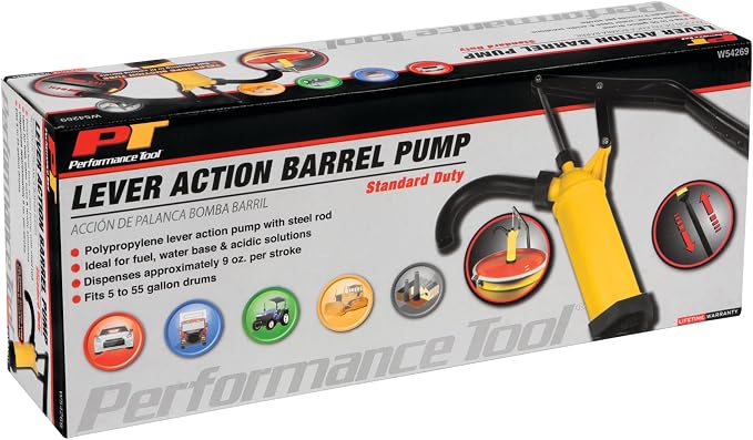 Performance Tool W54269 Yellow General Purpose Lever Action Barrel Drum Pump - Fits 15 to 55 Gallon Drums
