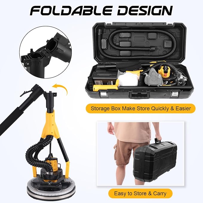 Brushless Drywall Sander, 1200W 10-Amp Popcorn Ceiling Removal Tool with 800-2200RPM 8 Variable Speed 12pcs Sanding Discs Drywall Sander with Vacuum Dust Collector LED Light for Ceiling Sanding