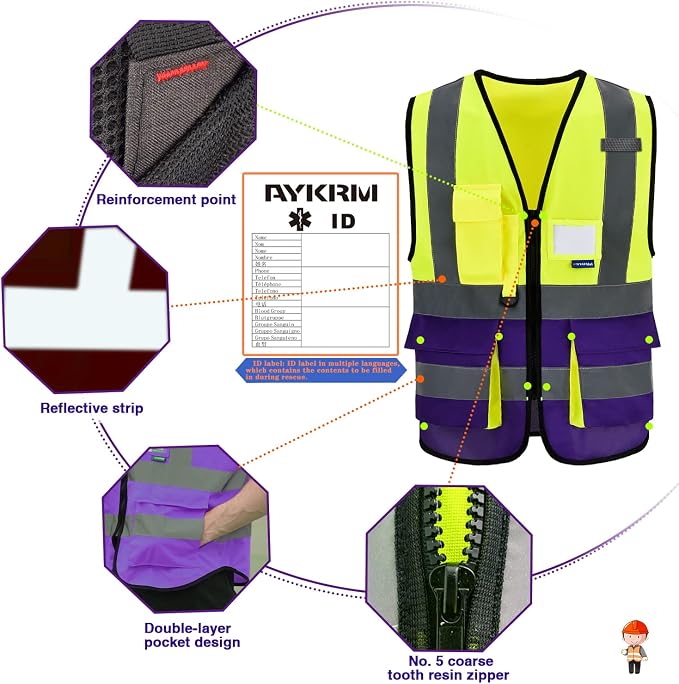 SMALL High Visibility Safety Vest with ZIPPER Yellow&Purple | Yellow/Purple S safety vest with reinforced pockets, clear ID holder and mic tabs for material control; unisex workwear.