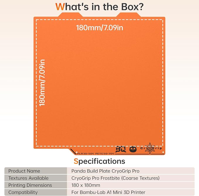 BIQU Cryogrip Pro Frostbite Matte Orange Cold Build Plate for Bambu-Lab A1 Mini 3D Printer 184x184MM Double-Sided Upgrade Room Temperature Print Removable Surface Platform