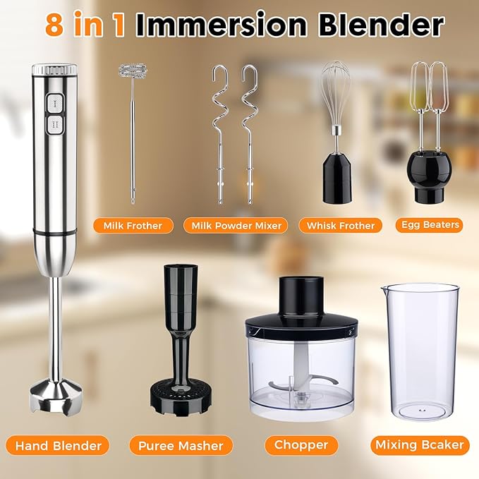 Immersion Blender Handheld Cordless 8 in 1 Hand Held Blenders Mixer Stainless Steel 25 Speed Turbo Mode Electric Sitck Beaker Chopper Milk Frother Grinder