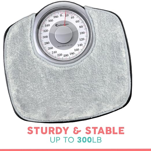 Adamson A25 Scales for Body Weight - Up to 400 LB - New - 5.3" Dial on 12.4" x 10.2" Platform - Anti-Skid Rubber Surface - Bathroom Scale Analog - Durable with 20-Year Assurance - w/Rug - Grey