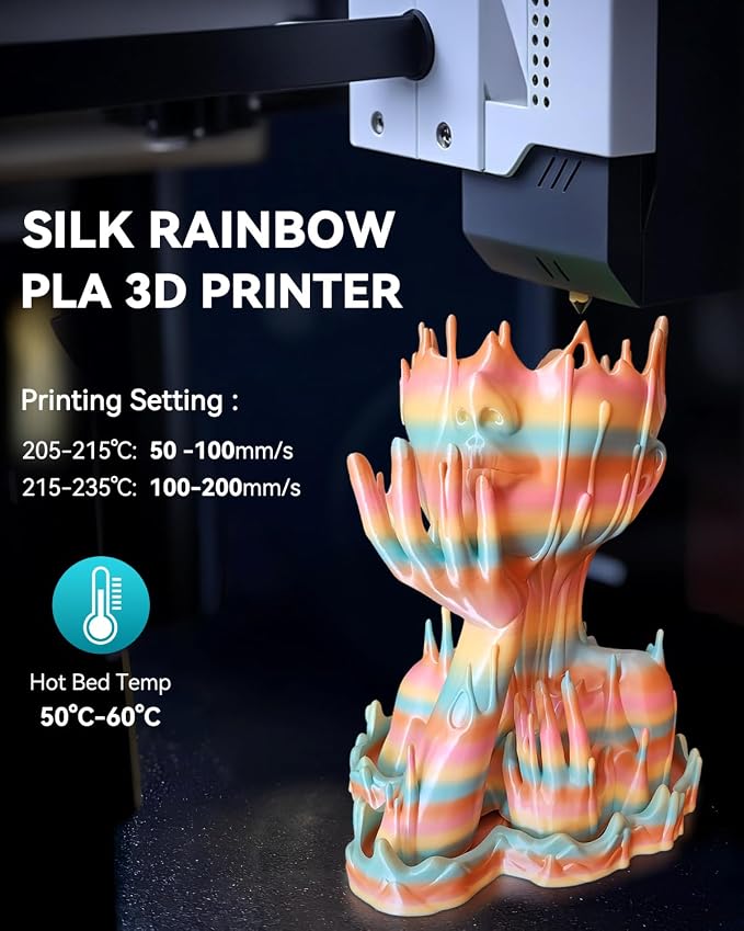 SUNLU 3D Printer Filament Bundle, PLA Silk Rainbow Filament Multicolor, Fast Color Change Each 8 Meters, Individually Vacuum Packed, 250g Spool, 8 Rolls, 2kg Total, 6 Silk Rainbow+Light Gold+Silver