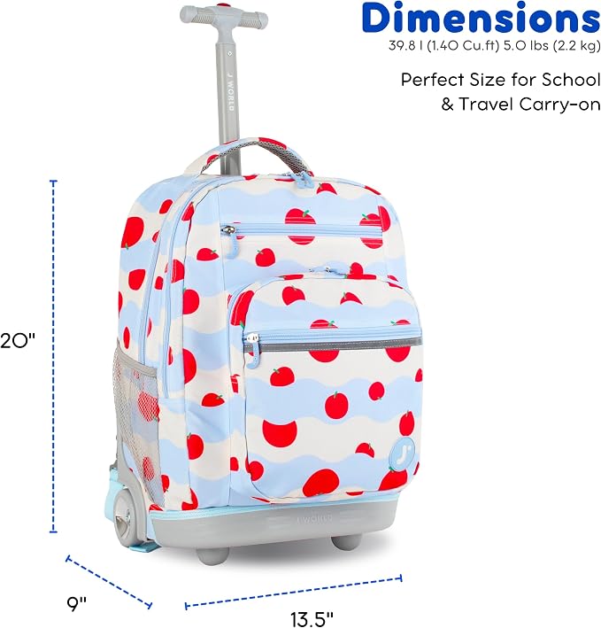 J World Sundance Laptop Rolling Backpack for Girls Boys. Roller Bookbag with Wheels, 20 Inch, Floating Apple