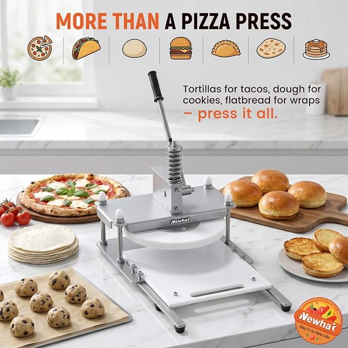 Newhai Manual Pizza Dough Press Machine 9.8" Stainless Steel Dough Sheeter Pastry Pizza Bread Press Forming Processor with Parchment Papers for Bakery Home Restaurant Use