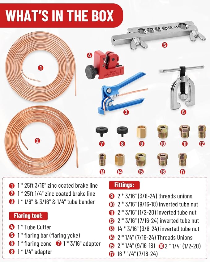 25 ft 3/16in &1/4in Copper Coated Brake Line Flaring Tool Kit, Includes 3-in-1 Tube Bender, Double & Single Flaring Tool Set, 1 Tube Cutter, 4 Threads Unions, 40 Fittings