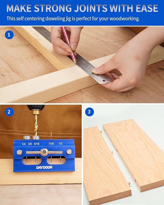 DAYDOOR 2.1" Self Centering Dowel Jig, Universal Capacity Doweling Jig & Drill Guide for Woodworking, Complete Kit with 6 Steel Bushings for Straight Holes(Blue)
