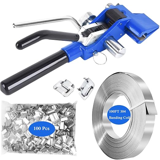 Steel Strapping KIT,Metal Banding Strapping Tool Pallet Banding Kit with Ratchet Tensioner and Cutter,Metal Belt Packaging Machine with 100pcs Buckle 3/4" x 100 Feet Steel Banding Coil