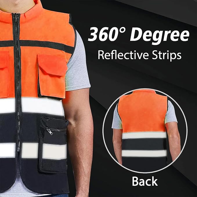 Safety Vest Two Tone for Men Women Work Vest with Pockets and Zipper Construction Workwear Vest