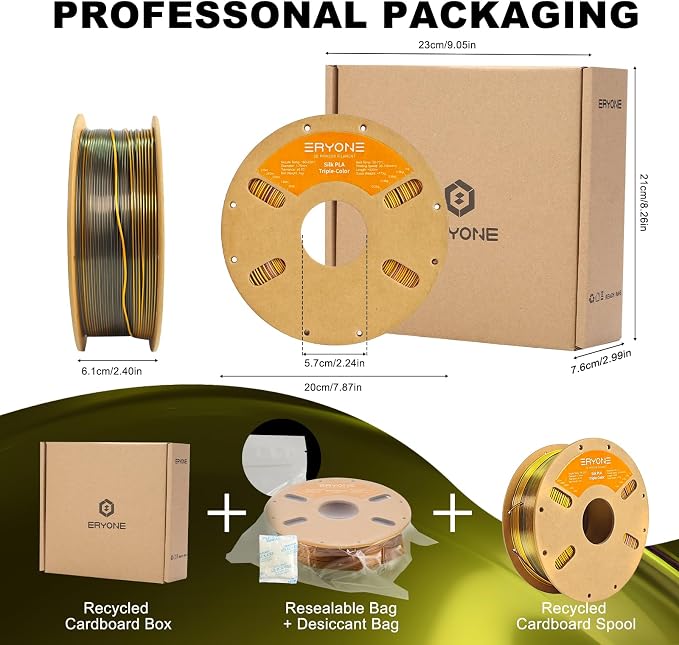 ERYONE Silk Tri Color PLA Filament 3D Printer 1.75mm +/- 0.03mm, Multicolor Filament Tricolor PLA 1KG(2.2lbs) Cardboard Spool, Gold Purple Black