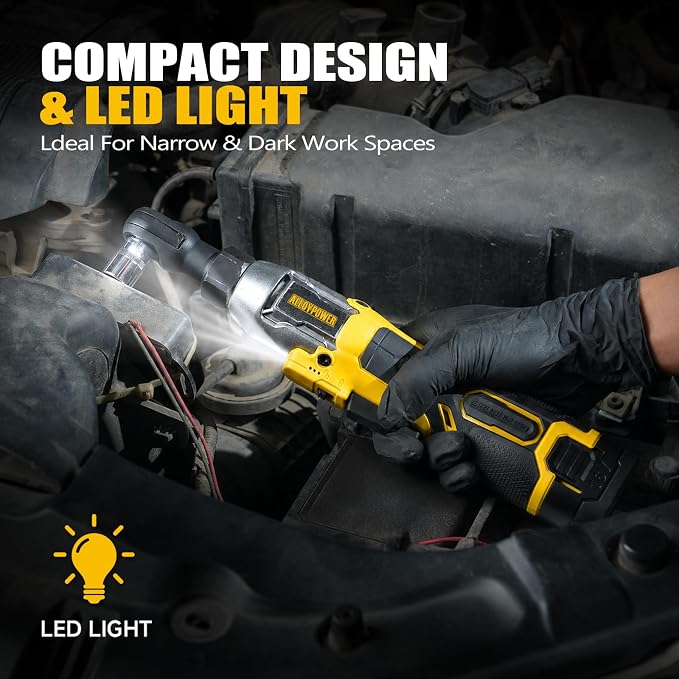 Cordless Ratchet Wrench, 3/8" 16V Brushless 65 ft-lbs, 2 Batteries | Drop-resistant alloy body,6 sockets (10-17mm), 1/4" & 1/2" adapters, 3" extension bar, fast charger, built-in LED, 0-400 RPM