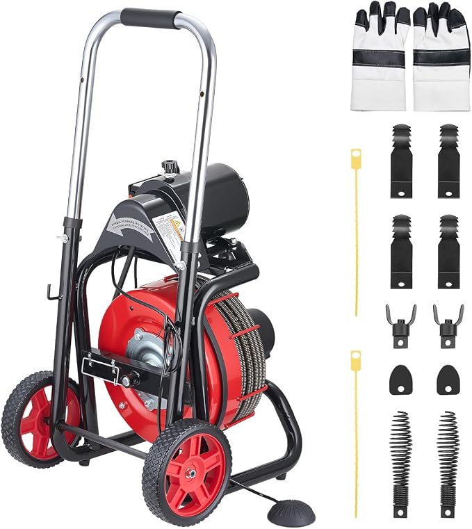 VEVOR Drain Cleaner Machine 100 FT x 1/2 Inch, Auto Feed Sewer Snake Auger on Wheels - with 8 Cutters & Air-Activated Foot Switch for 2" to 6" Pipes