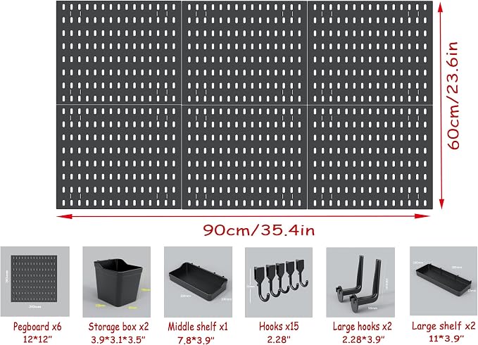 12 * 12in Pegboard Set, DIY Pegboard Combo Kit, Wall-Mounted Storage Organizer, Includes 6 pegboards and 22 Accessories, Suitable for Office, Gaming Room, Kitchen, and Decorative Display (Black)