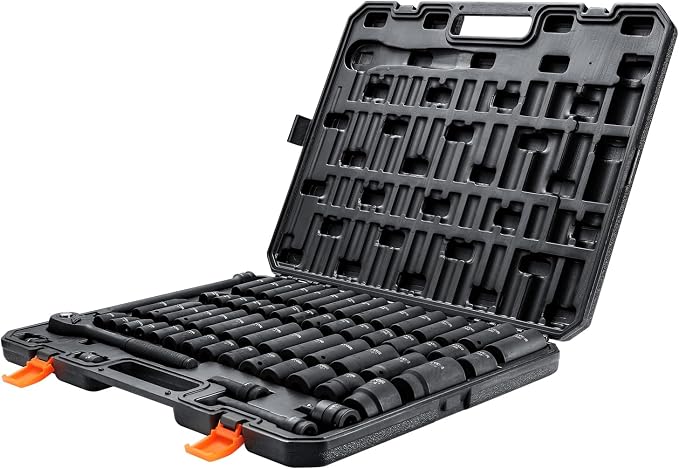 VEVOR 1/2" Drive Impact Socket Set 65 Piece, 3/8" to 1-1/4" and 10-24mm | SAE and Metric, 6 Point Cr-V Alloy Steel, Easy-to-Read Size Markings, Rugged Construction, with Storage Case, for Auto Repair