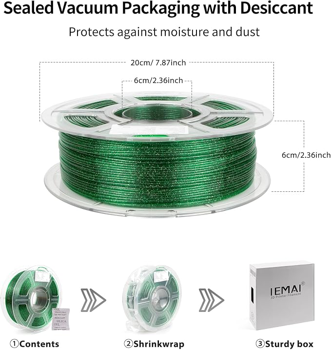 IEMAI Glitter Clear PETG Filament 1.75mm Green 1KG, Sparkly Transparent Finish 3D Printer Filament Easy to Print for Lampshades, Home Decor & DIY Models