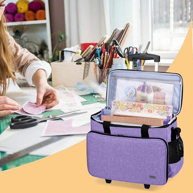 Yarwo Upgraded Rolling Craft Bag with Detachable Trolley and Multi-Pockets | Removable Bottom Board, Wheeled Scrapbook Tote, Large Teacher Gifts Bag, Rolling Briefcase for Teaching & Office, Purple