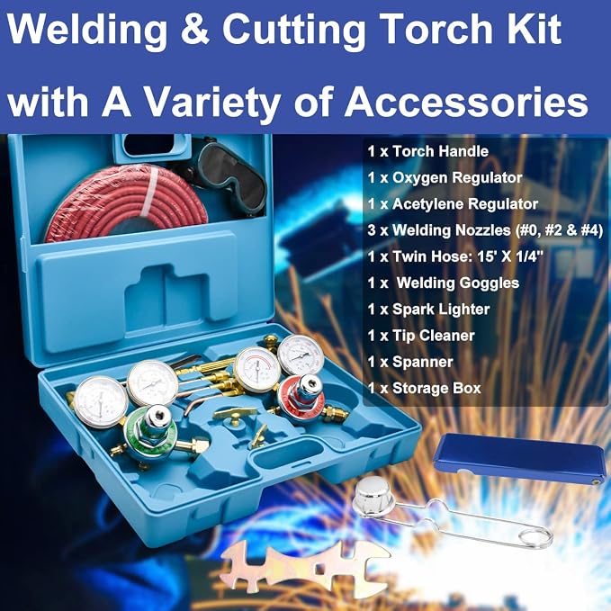 Cutting Torch Set Oxy Acetylene Torch Kit, Portable Gas Cutting Torch and Welding Kit with Acetylene Oxygen Gas Regulator Gas Hose Welding Glasses Storage Case and Accesseries